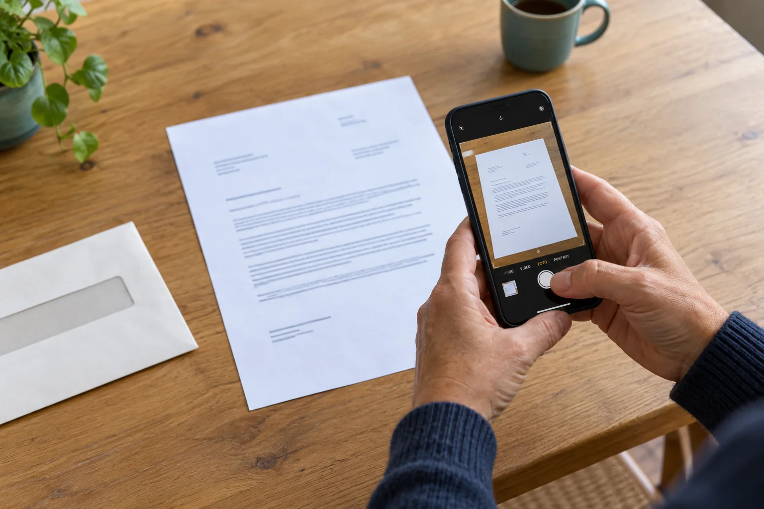 Een brief op de keukentafel wordt met een telefoon gefotografeerd.